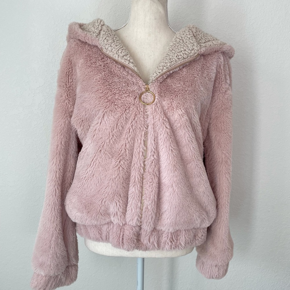 SWEET RAIN PINK FUZZY FAUX FUR SHEARLING SWEATER JACKET HOODIE LARGE